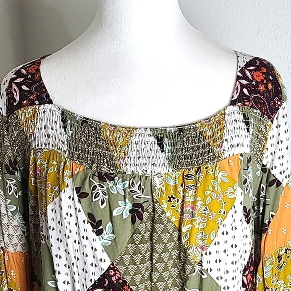 Colorful Longsleeve Patchwork Top, Shirred Elastic Neckline, Size Medium - Picture 3 of 8